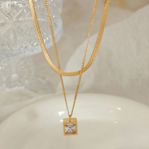 Jewelry - 18K Gold Plated Crystal Glass Pendant Necklace For Women Double Snake Chain